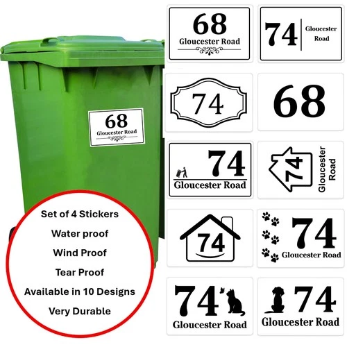 Set of 4 Wheelie Bin Stickers House Numbers for Bins Personalised Address Number