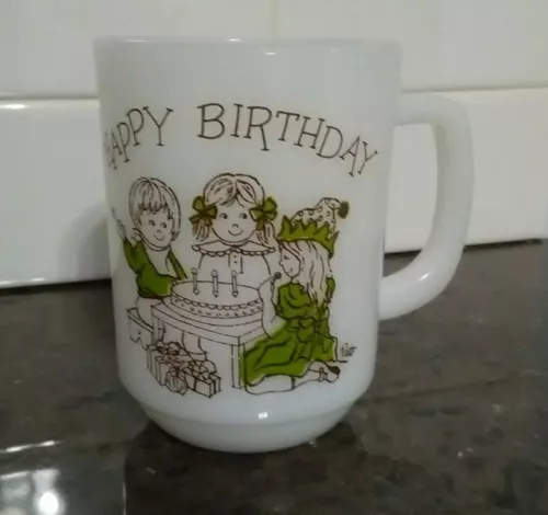 Vintage HAPPY BIRTHDAY  Fire King Anchor Hocking Mug Birthday Child Poem 