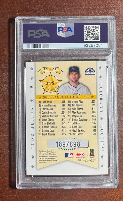 2001 Donruss Todd Helton Production Line🔥PSA 10🚨GEM MINT💎Rare Insert⭐️/698 - Image 2 of 3