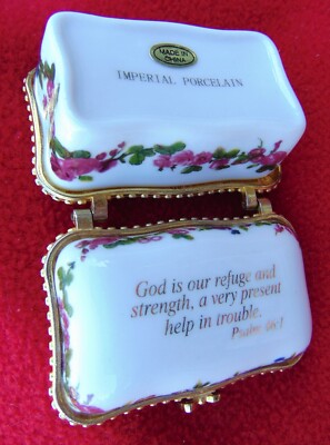 VINTAGE ~ BEAUTIFUL ''IMPERIAL PORCELAIN'' JEWELRY BOX ~ GOLD LEAF SCRIPTURE TRIM