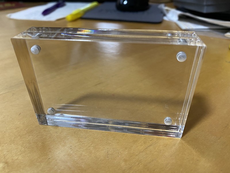 ACRYLIC BLOCK FREESTANDING PHOTO FRAME MAGNETIC PLAXIGLASS SIGN HOLDER app 3"x2"