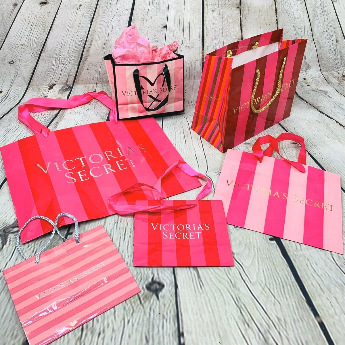 Victorias Secret Shopping Gift Bag Lot of 6 Pink Striped Ribbon Handles Vintage