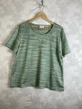 Alfred Dunner Top Women's L Green Yellow Knit Shirt Flower neckline bead Blouse