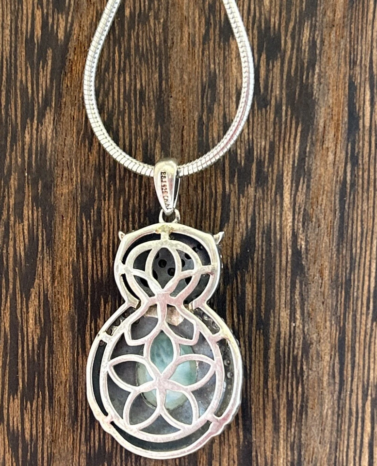 "Collar Búho Larimar Espinela Negra y Circón Blanco Plata de Ley 925 Cuerda 16""L" Foto 4 de 4