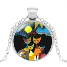 MOON COLORFUL CATS ART pendant Sterling Silver 925 P/L necklace female Women 