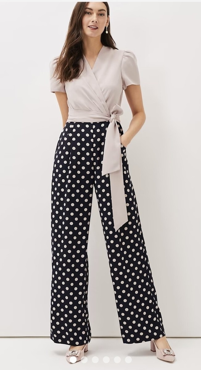 Gorgeous New Phase Eight Taupe And Navy Dotty Wide Leg Size Uk8