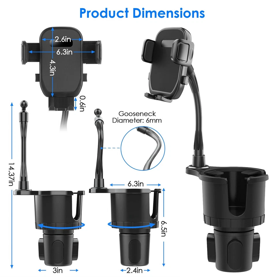 Suporte para telefone copo carro 2 em 1 com pescoço de ganso giratório 360° e base ajustável - Imagem 4 de 4