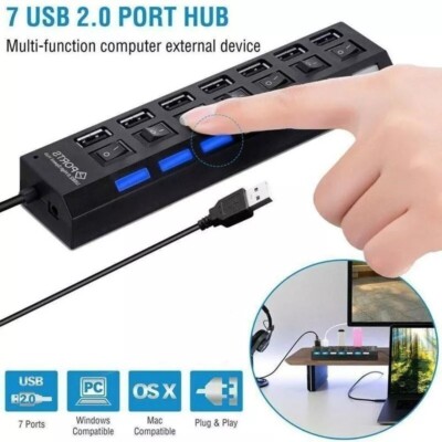 7 Port USB 2.0 Hub Splitter Adapter High Speed For PC Laptop Mac Desktop