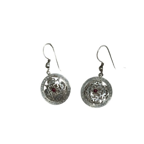 Vintage Sterling Silver Chinese Lattice Drop Earrings with Garnet Stone Center - Picture 5 of 5