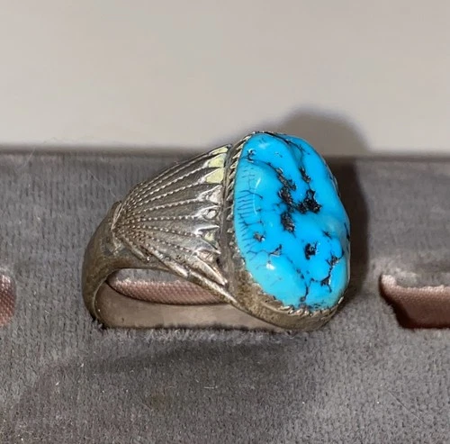 Sterling Silver Turquoise Zuni Ring Signed RLB By Robert & Bernice Leekya Sz 11