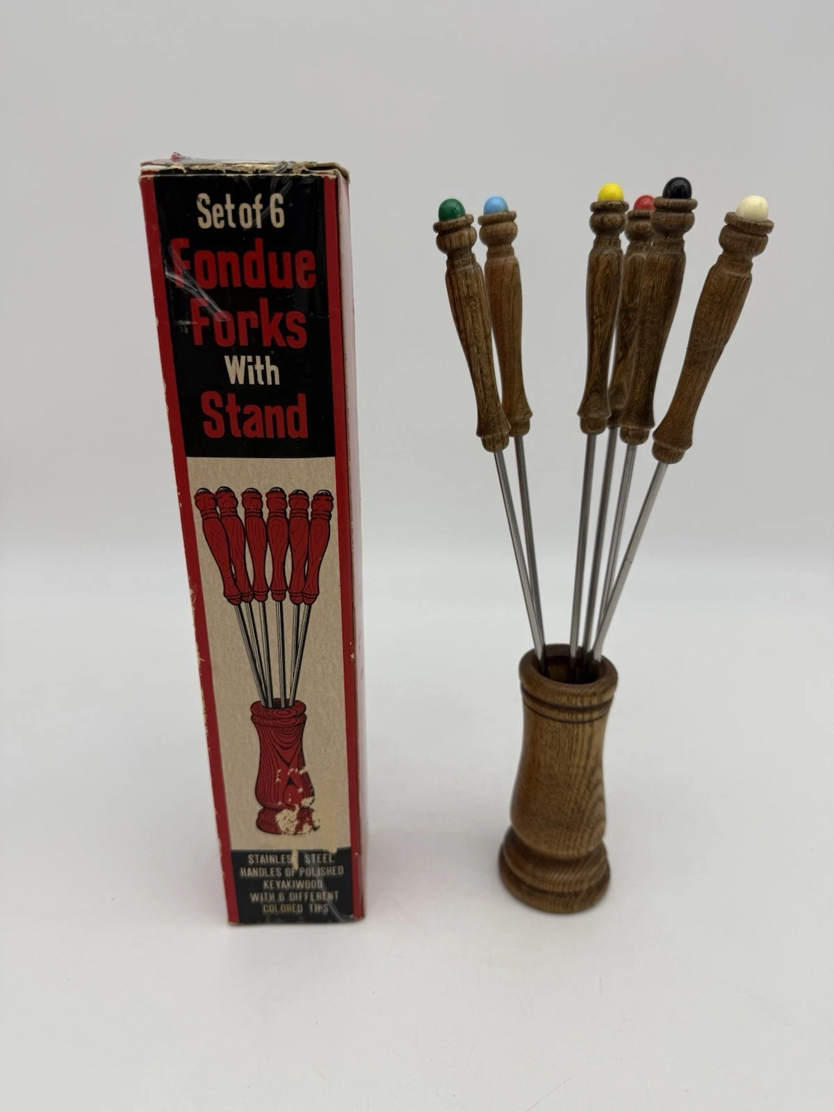 Vtg Fondue Stainless Fork Set w/ Wood Stand Colored Ends Keyaki Wood Japan