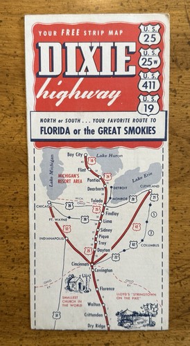VINTAGE Dixie Highway 36” Strip Map Great Lakes To Florida Travel Brochure