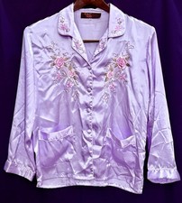 Vtg Lilac Satin Pajama To Daywear Top Floral Embroidery Coquette Bed Jacket EUC