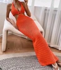 SHEIN VCAY 0-RING CUT OUT TIE BACKLESS HALTER V NECK COVER UP DRESS SZ M ORANGE
