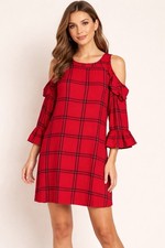LOFT Women’s Sz M Red & Black Plaid Cold Shoulder Ruffle Long Bell Sleeves Dress