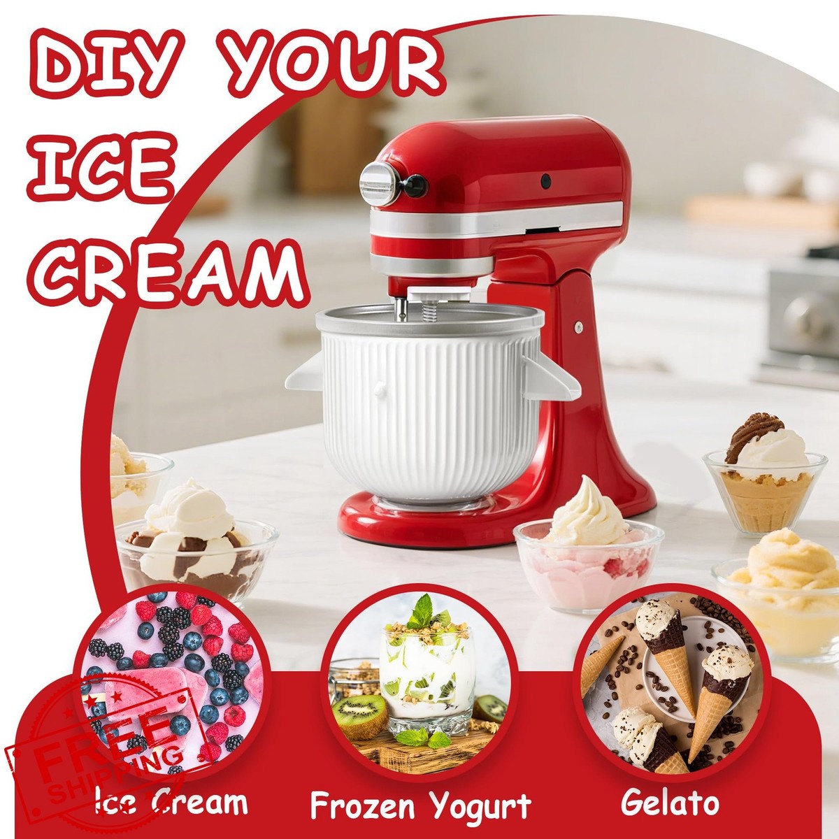 KitchenAid Ice Cream Maker Attachment 2 Qt White fits 4.5/5QT 6QT