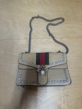 Beige Embossed Studded Flap crossbody Bag, Chain Strap, Magnetic