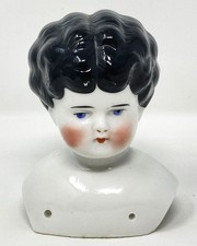 Antique Porcelain German China Doll Head Woman Blue Eyes Black Hair 3.5"