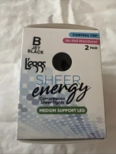 L'eggs Sheer Energy Med Leg Supp Contrl Top Tights 2 Pairs Jet Blk B No-Roll Wai