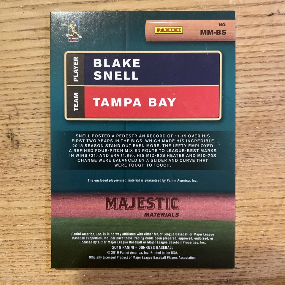 2019 Donruss Blake Snell Rays Majestic Materials Patch MM-BS - Image 2 of 2