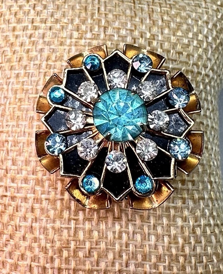 1960s Vintage Coro Blue & White Rhinestone Brooch/Pin Gold Tone