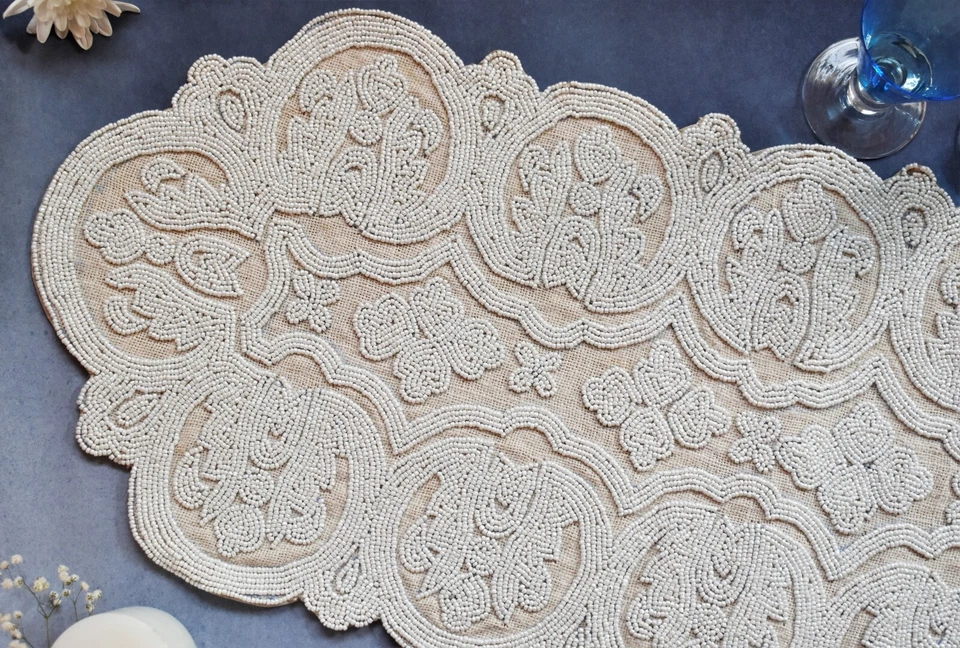 Christmas Beaded Table Runner Designer White Burlap Décor Centerpiece 35x13 In - Image 3 of 4