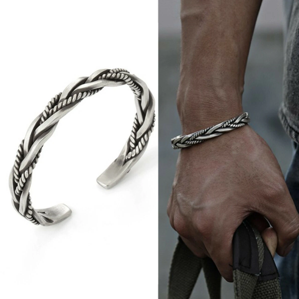 Men 925 Sterling Silver Thai Handmade Vintage Open Bangle Twisted Cuff Bracelet