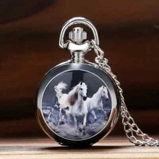 Vintage Silver Horse Design Quartz Pocket Watch Necklace Pendant Trend Chain New