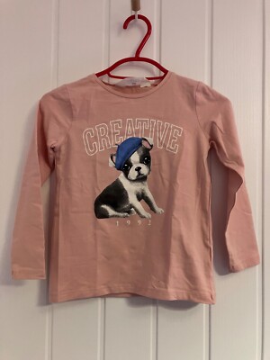 H&M Mädchen Größe UK 4-6Y rosa Langarm Grafik T-Shirt Hund mit Baskenmütze UK Verkäufer