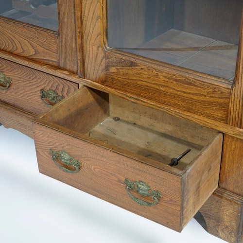 Antique Carved Oak Double Door Bookcase with Wine Rack c1920 - Picture 10 of 20