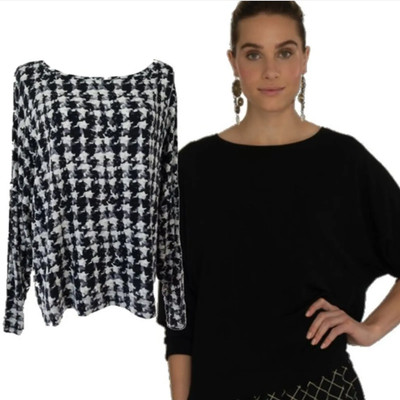 NICHE NILGUN DERMAN L Gray & Black Houndstooth Drapey Jersey Top RP$169