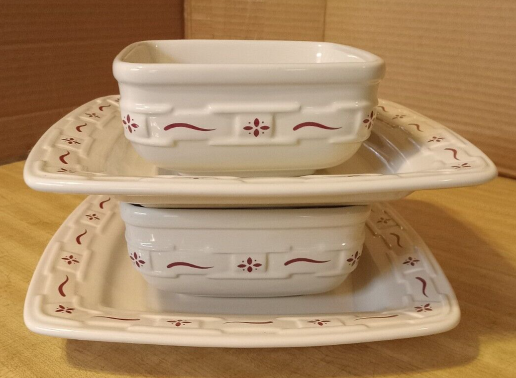 Longaberger Pottery Soft Square Luncheon Plates Traditional Red Set