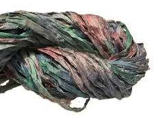 100g Recycled Sari Silk Ribbon Yarn Sea Gree Grey shades