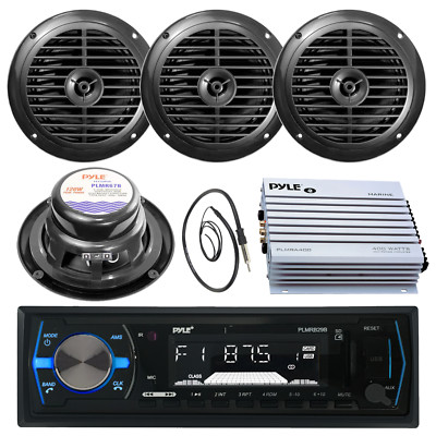 PLMRB29B Black USB AUX Radio, Marine 6.5'' Speakers, Antenna, Pyle 400W Amplifier