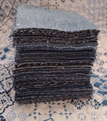 Hand Cut Denim Blue Jean Fabric Squares 4'' X 4'' Lot Of 100 For Rag Quilt Craft