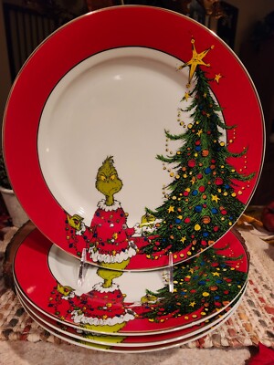 DR.SEUSS HOW THE GRINCH STOLE CHRISTMAS DINNER PLATES SET OF 4 RED GOLD RIM NEW