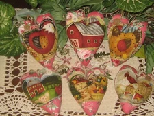 Country Decor 6 Berry Pink Hearts Appliqued Chickens Barn Cat Bowl Fillers