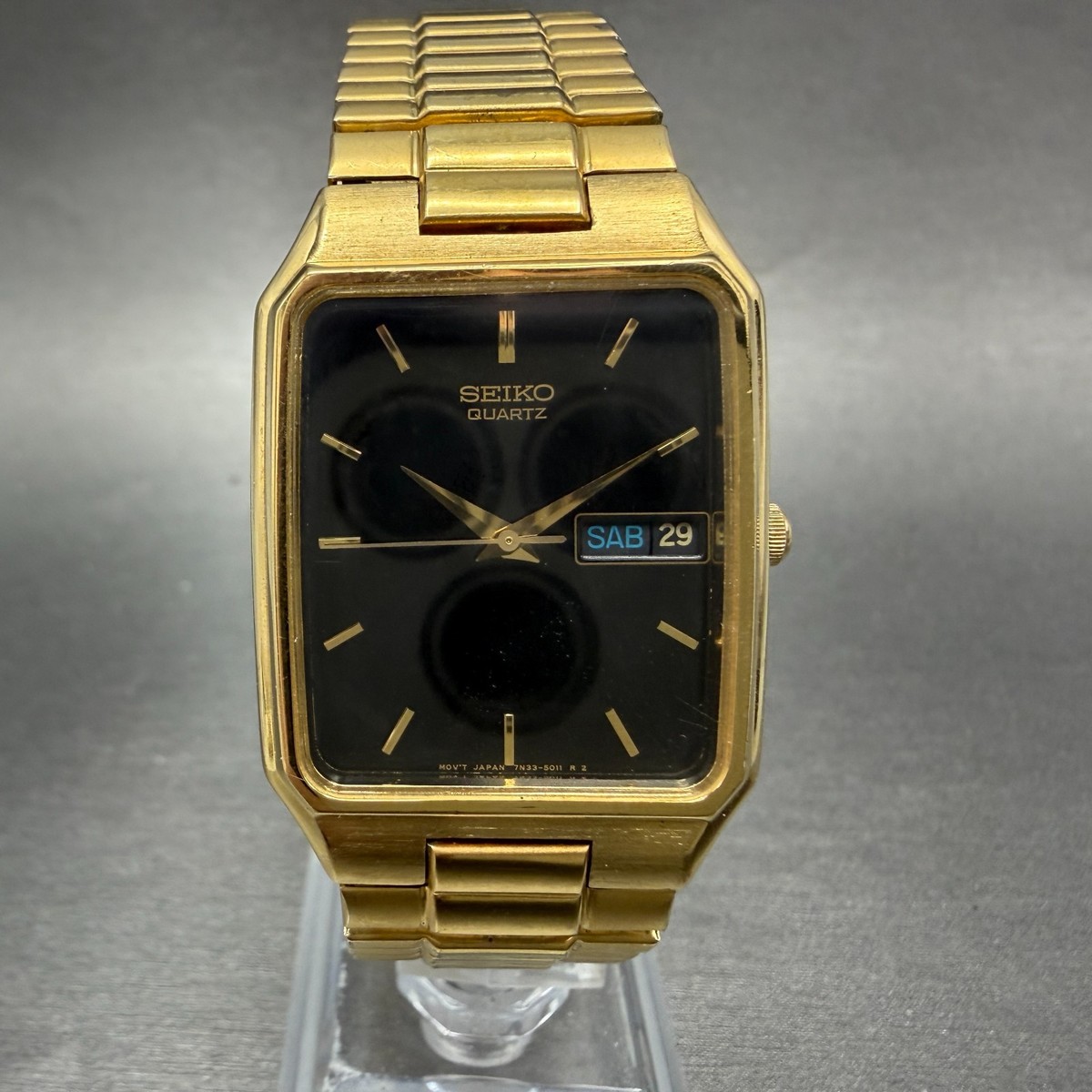 Seiko Tank Watch Men 28mm Black Dial Gold Tone Daydate 7n33-5028
