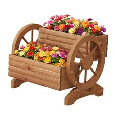 Wooden Wagon Planter Outdoor Flower Cart with Wheels Garden Planter, Brown