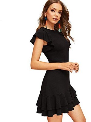 Floerns Womens V Back Inslace Layered Ruffle Hem Flutter Sleeve Dress Black M