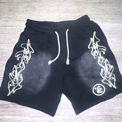 Hellstar Black Acid Wash Fleece Sweat Shorts Drawstring Pockets Graphic Print