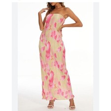 Yoolin Womens Strapless Pleated Maxi Tube Dress Pink Floral Backless Tie Large