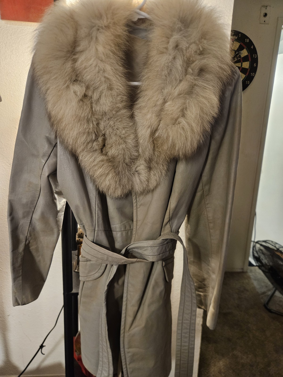 Vintage 1970s Genuine Leather Fox Fur Collar Trench Coat Jacket Size 12