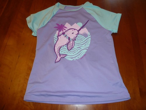 Lands' End Rash Guard Short Sleeve Girls Large (10-12) narwhal pastel swim shirt