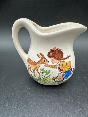 Vintage Girl W/Spotted Fawn Ceramic Personal Creamer/Pitcher 6oz USA
