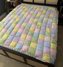 Vintage Twin Handmade Patchwork Coverlet Quilt Gingham PuffSquares Lace Trim