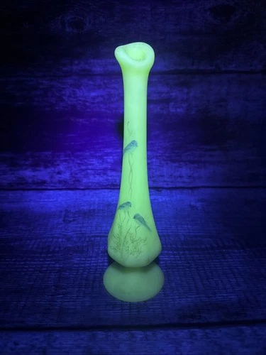 Vintage Fenton Blue Bird Custard Uranium Swung Bud Vase Hand Painted Artist Sign