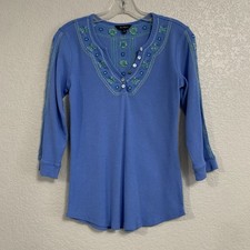 Alp N Rock Tee Top Womens M Henley Embroidered Flower Ribbed 3/4 Sleeve Blue
