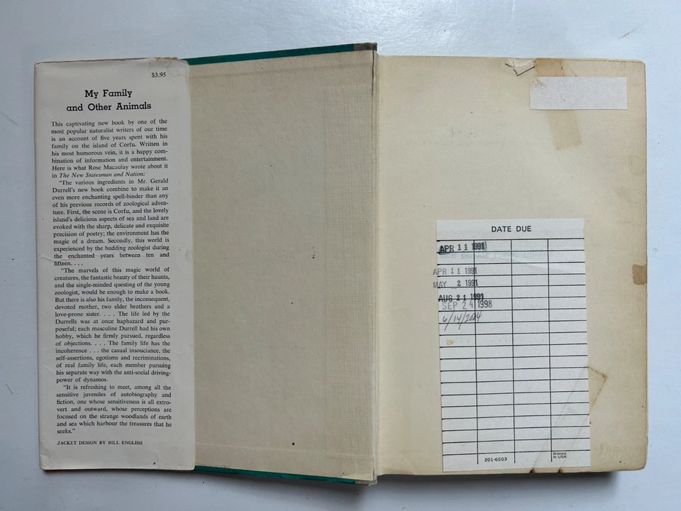 My Family And Other Animals by Durrell 1957 HC/DJ  1st American Ed? Ex-library - Image 4 of 4