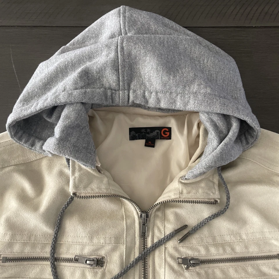 Chaqueta de Moto G By GUESS Para Hombre XL Imitación Cuero Con Capucha Extraíble Capucha Off White Foto 3 de 4